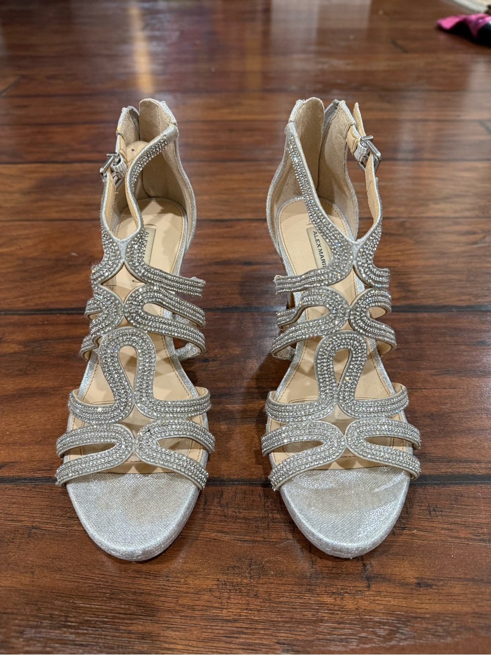 Alex Marie Silver Crystal-Strap Heeled Sandals